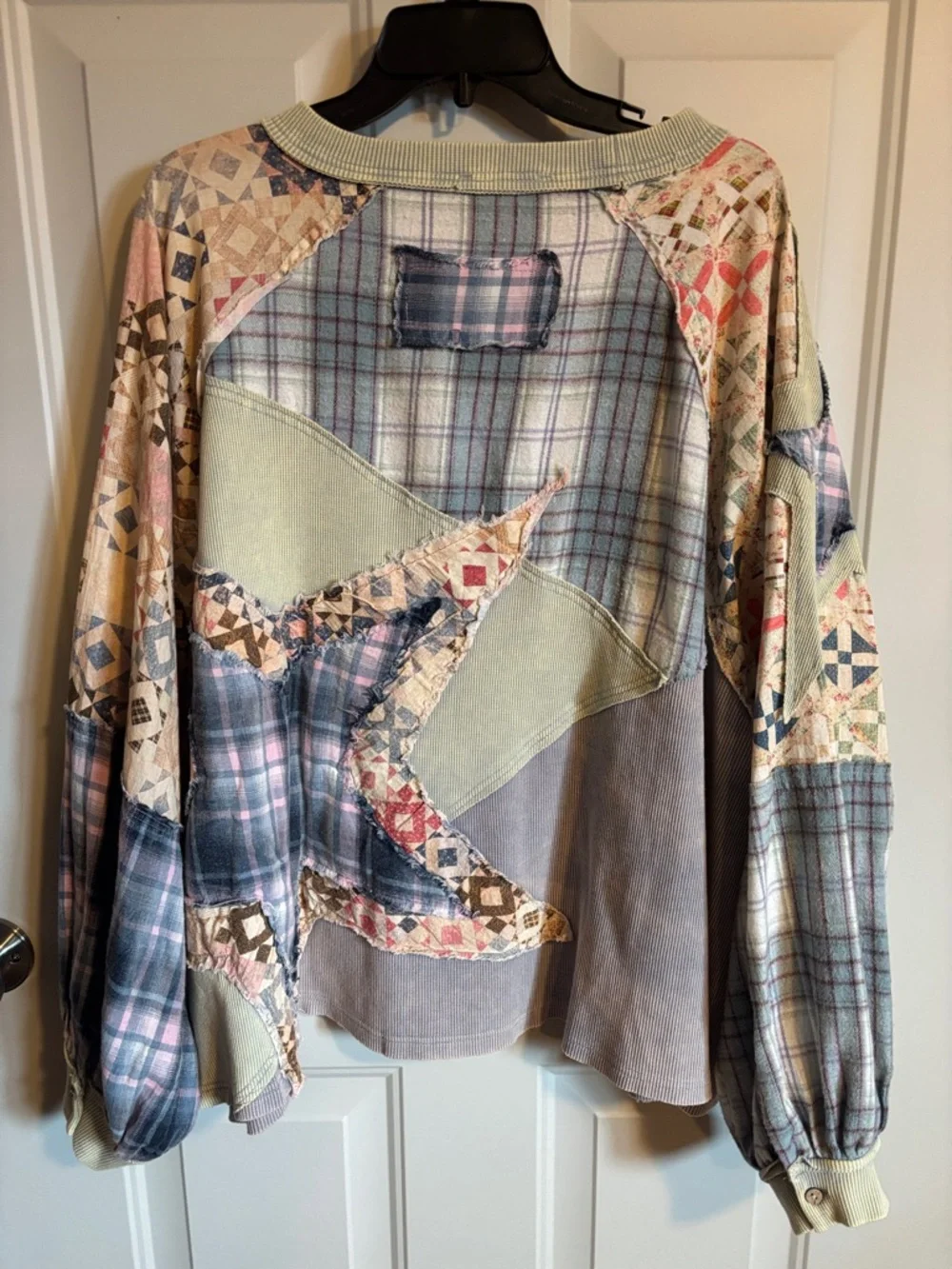 Oli & Hali Patchwork Star Pullover in Neutrals and Dusty Blue - Picture 3 of 4